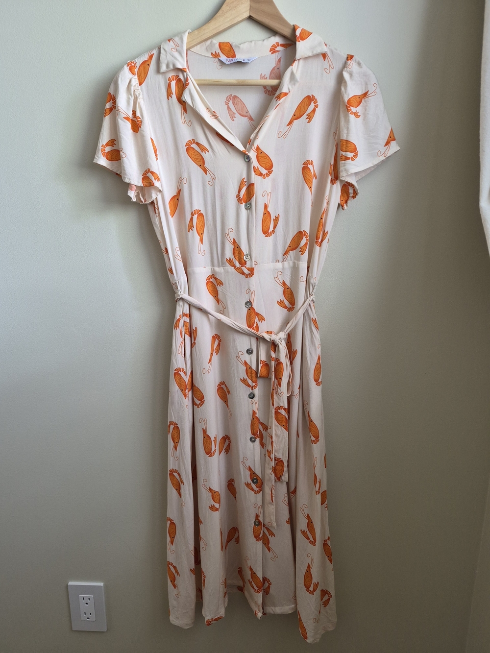 Cream and Orange Shrimp Printed Button-Front Midi Dress